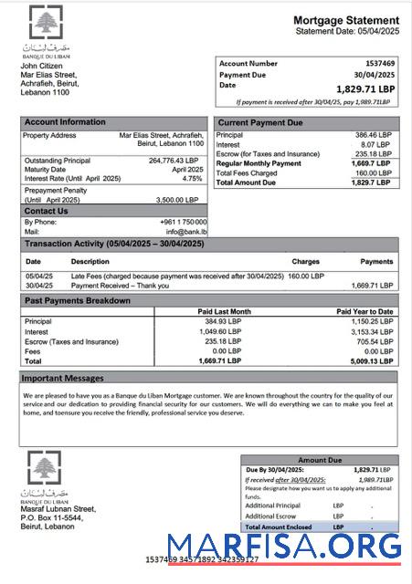Blank Lebanon Banque du Liban mortgage statement Word and PDF template